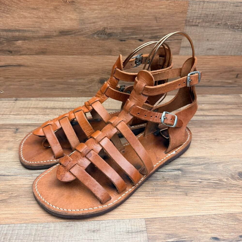 The poet Womens 8 Brown Leather Gladiator Sandals Strappy Buckle Boho Handmade